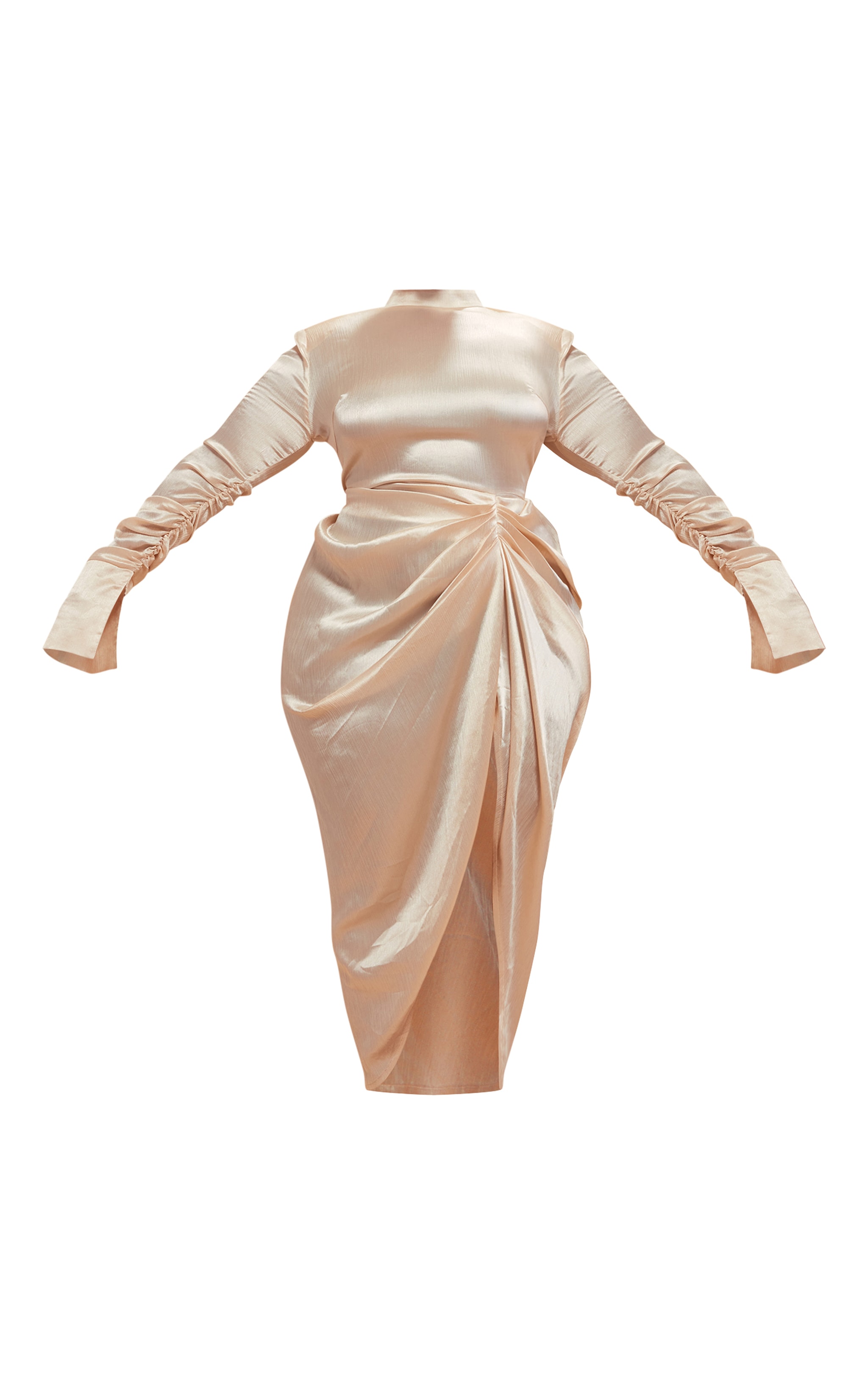 Plus Champagne High Neck Ruching Detail Satin Midi Dress image 5