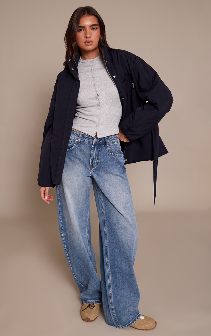 Navy Tie Waist Quilted Coat image 3