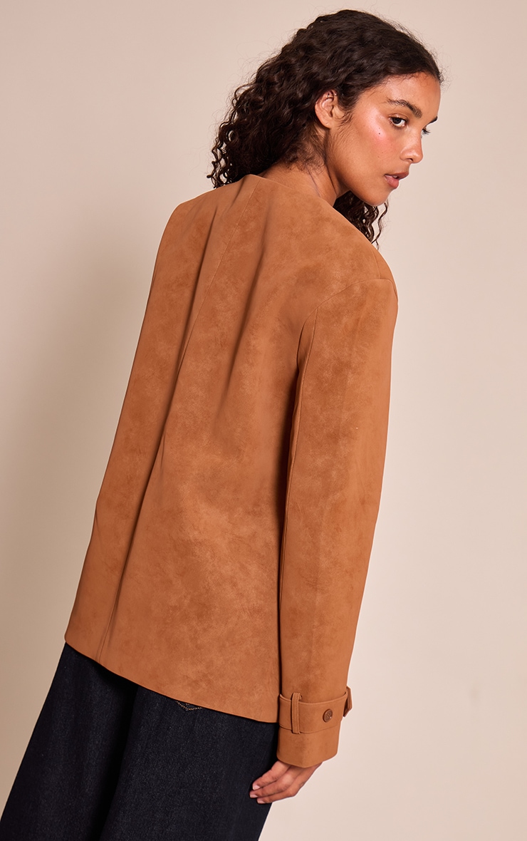 Tan Collarless Button Detail Faux Suede  Jacket image 2