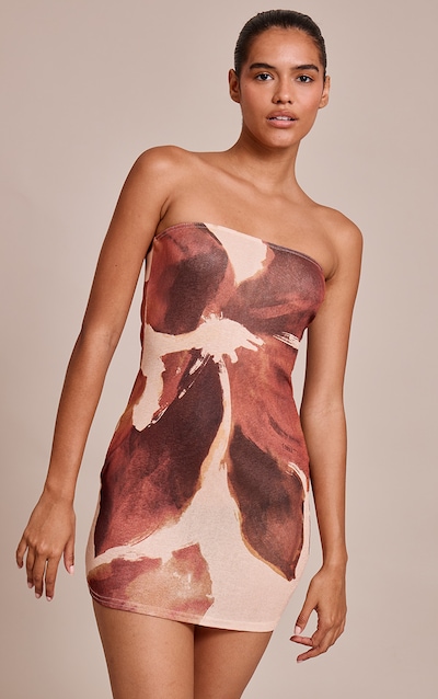 Mini robe bustier texturée chocolat imprimé fleuri abstrait