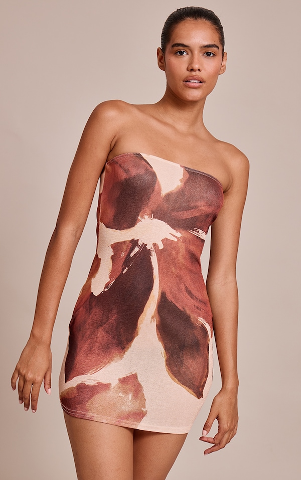Chocolate Floral Abstract Printed Onion Skin Bandeau Mini Dress
