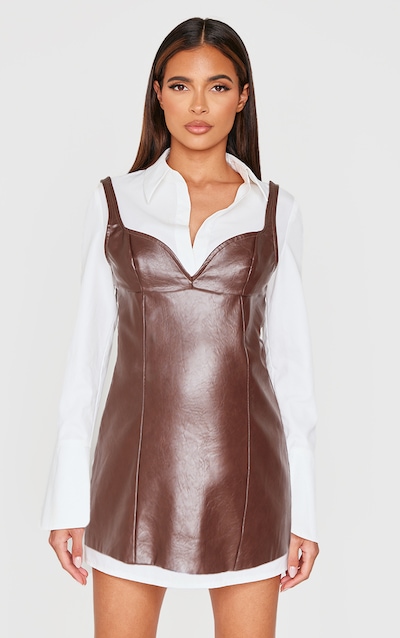 Burgundy Faux Leather Corset Detail Long Sleeve Shirt Dress
