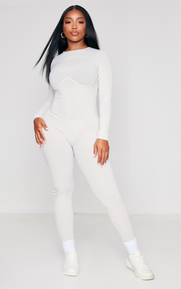 Shape Oatmeal Rib Underbust Long Sleeve Jumpsuit PrettyLittleThing