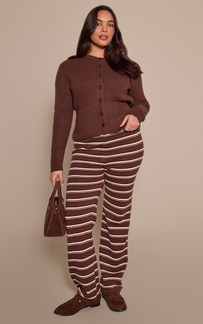 Plus Chocolate Striped Compact Knit Wide Leg Trouser