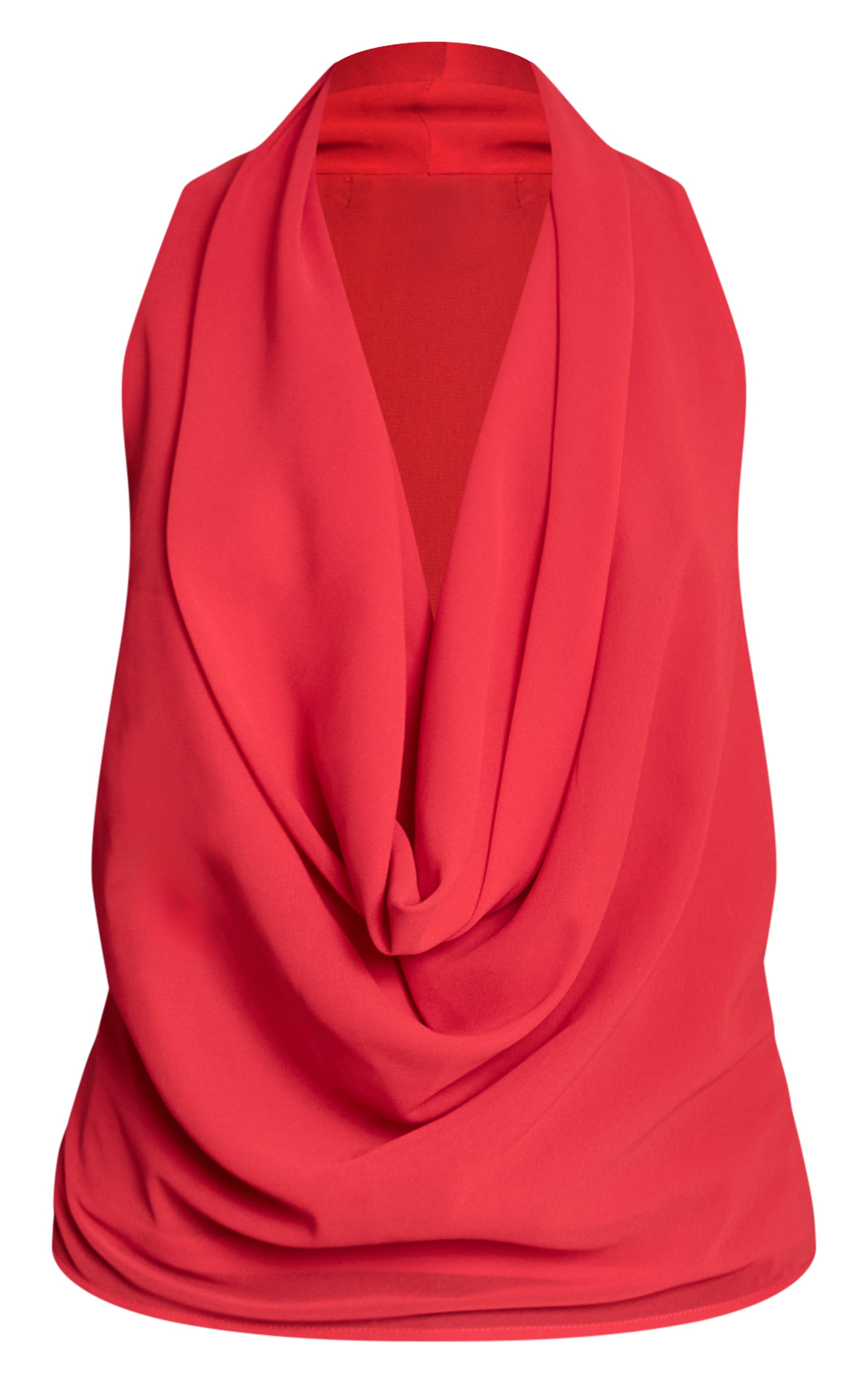 Tomato Red Chiffon Extreme Cowl Neck Detail Long Top image 5