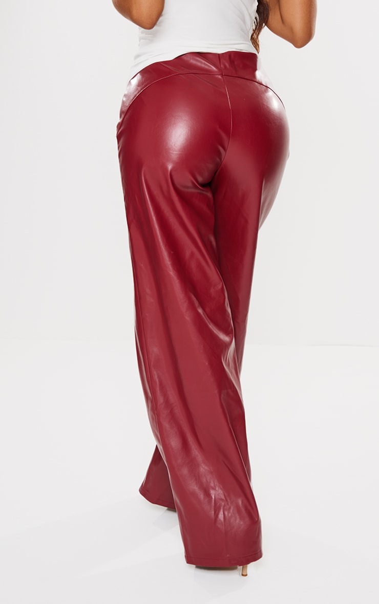 Petite Burgundy Dipped Front Waist Faux Leather Trousers image 3