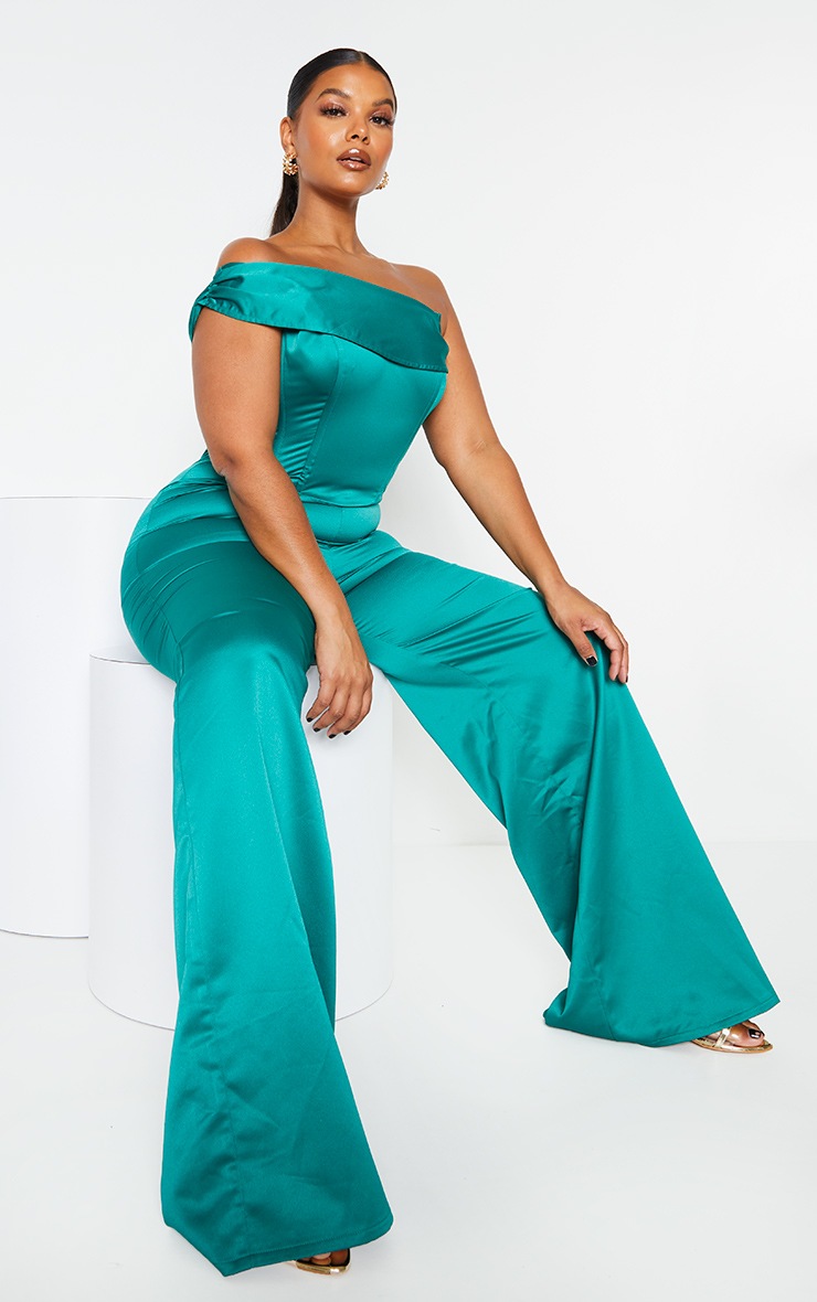 Plus Emerald Green One Shoulder Corset Detail Wide Leg Jumpsuit