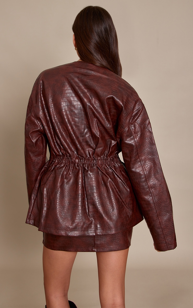 Brown Croc Faux Leather Cinched Waist Jacket image 2