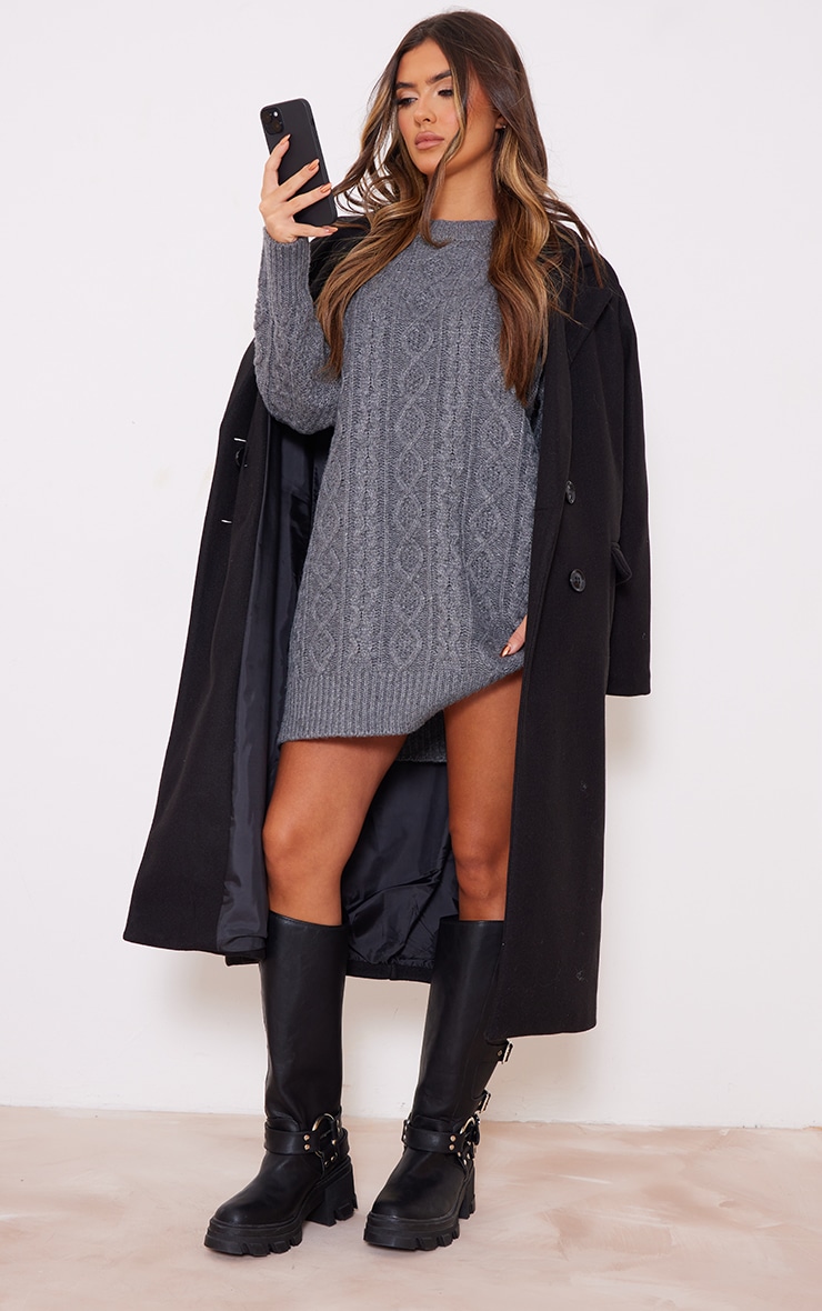 Charcoal Crew Neck Cable Knit Sweater Dress image 1