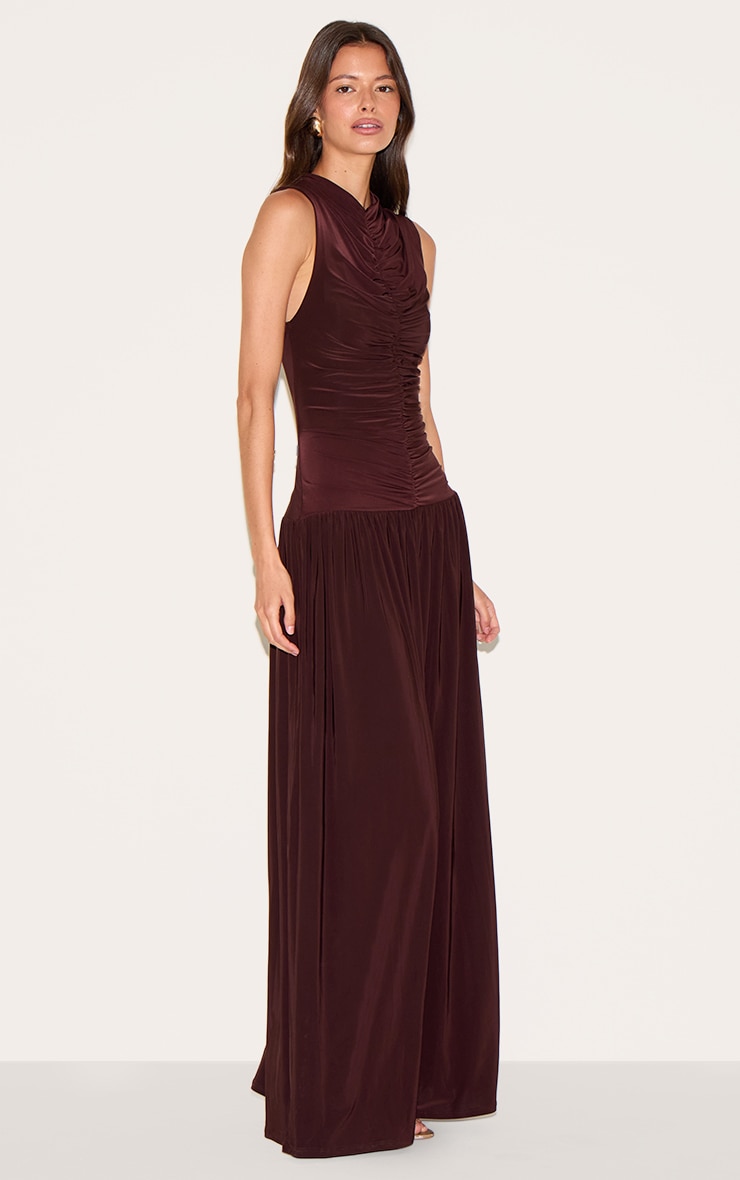 Chocolate Double Layer Soft Touch Drop Waist Ruched Maxi Dress image 3