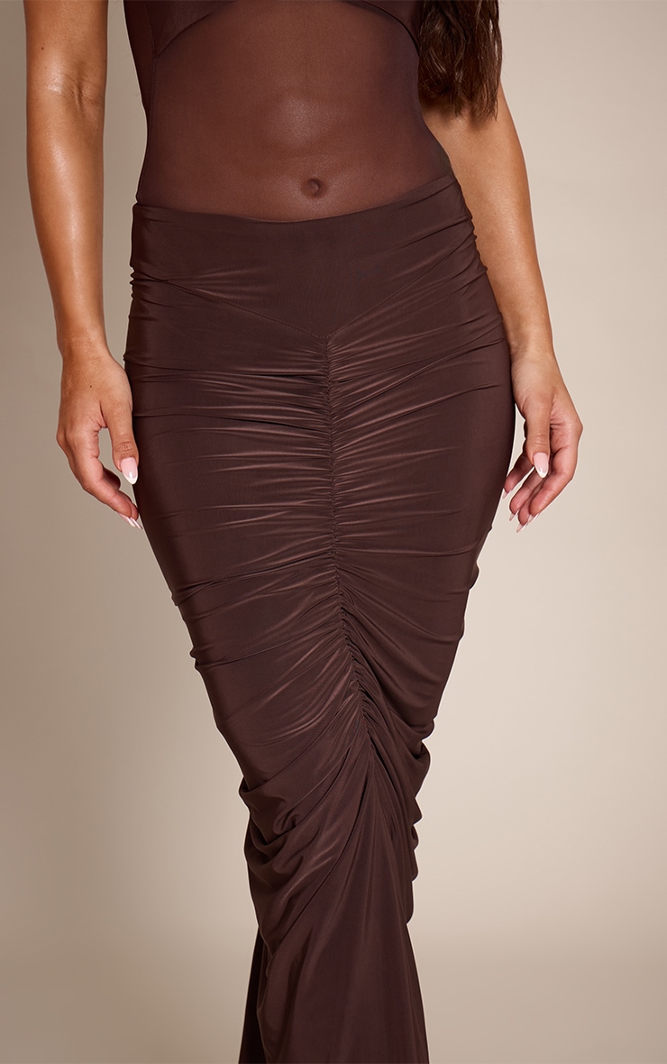 Chocolate Double Layer Slinky Ruched Detail Maxi Skirt  image 4