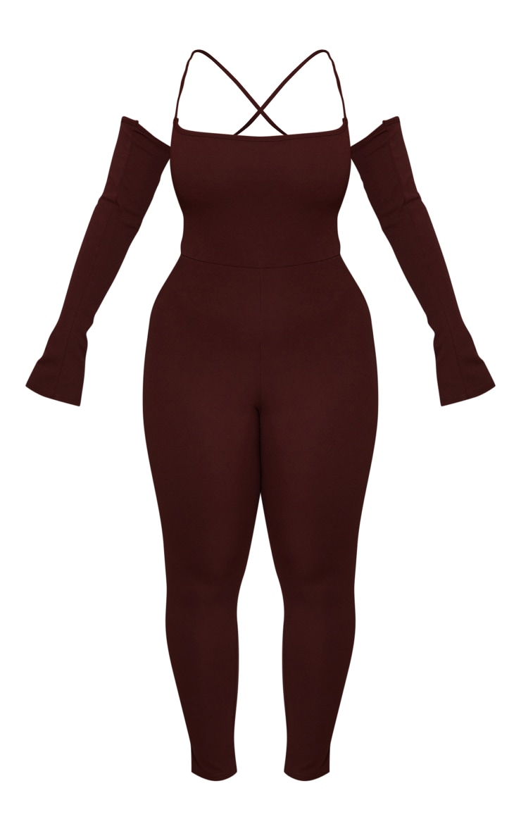 Shape Chocolate Brown Lace Up Back Bardot Detail Jumpsuit image 4