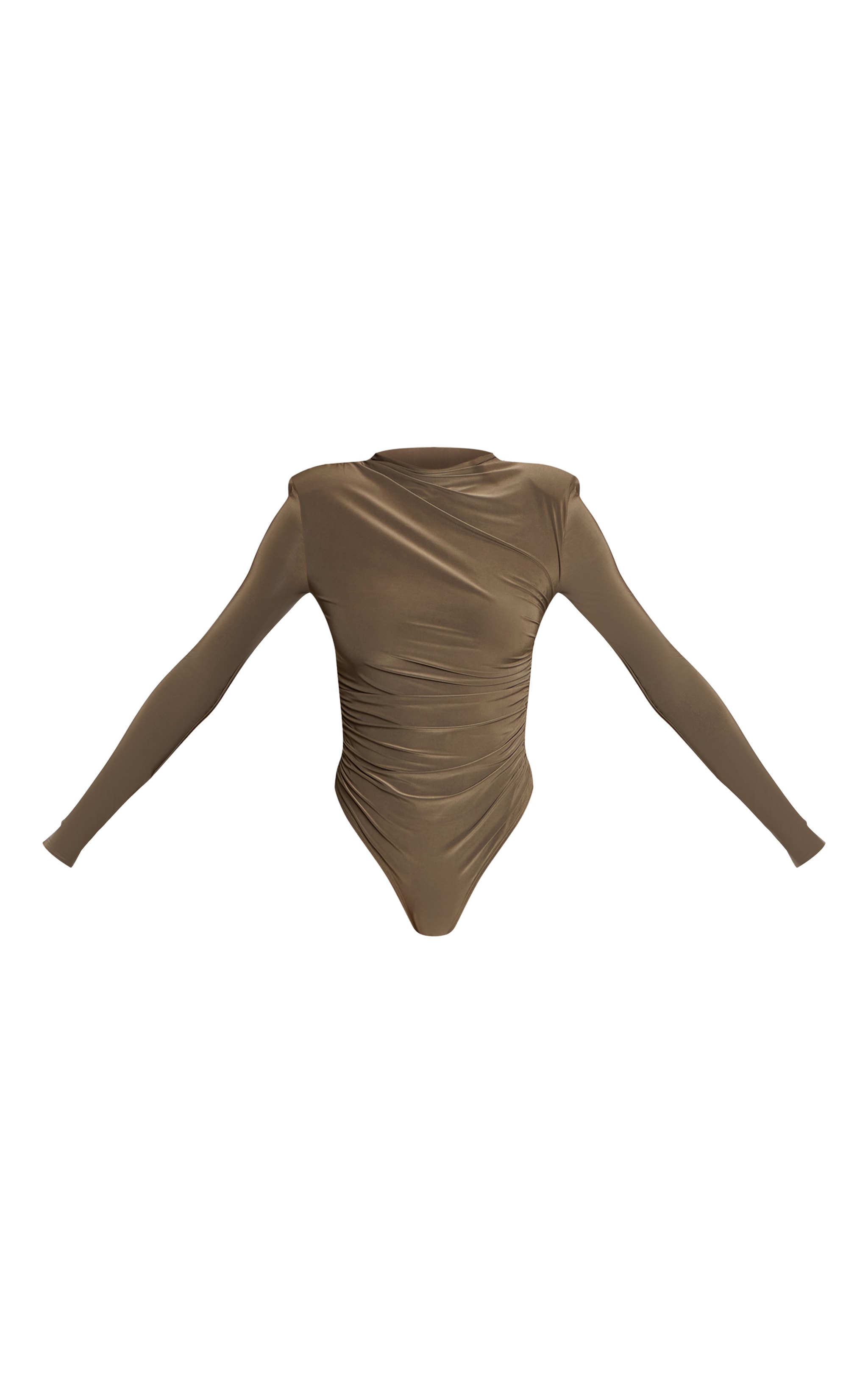 Khaki Double Layer Slinky Ruched Drape Detail Long Sleeve Bodysuit image 5