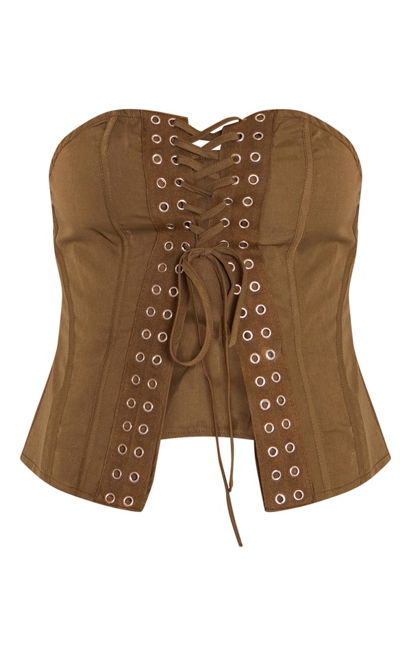 Khaki Contrast Front Eyelet Lace Up Corset PrettyLittleThing
