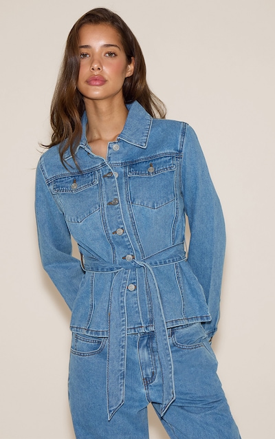 Light Blue Cinched Waist Belted Denim Jacket