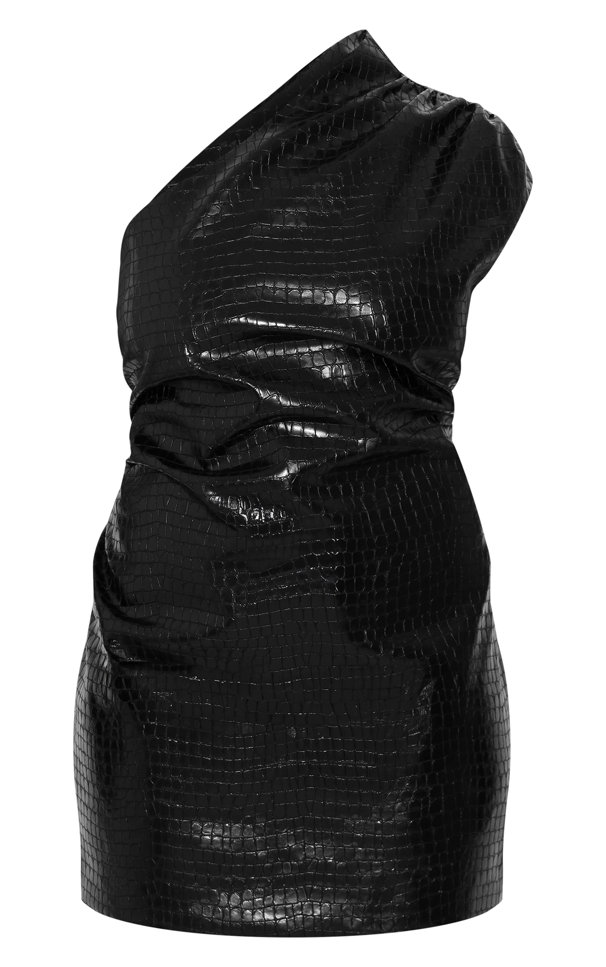 Plus Black Croc Faux Leather Ruched Asymmetrical Bodycon Dress image 5