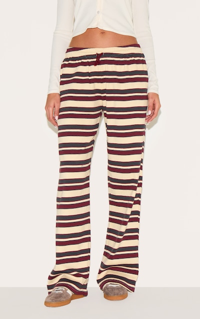 Burgundy Striped Rib Drawstring Wide Leg Trousers