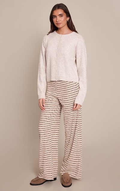 Light Brown Soft Rib Striped Low Rise Straight Leg Pants