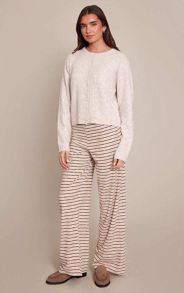 Light Brown Soft Rib Striped  Low Rise Straight Leg Pants