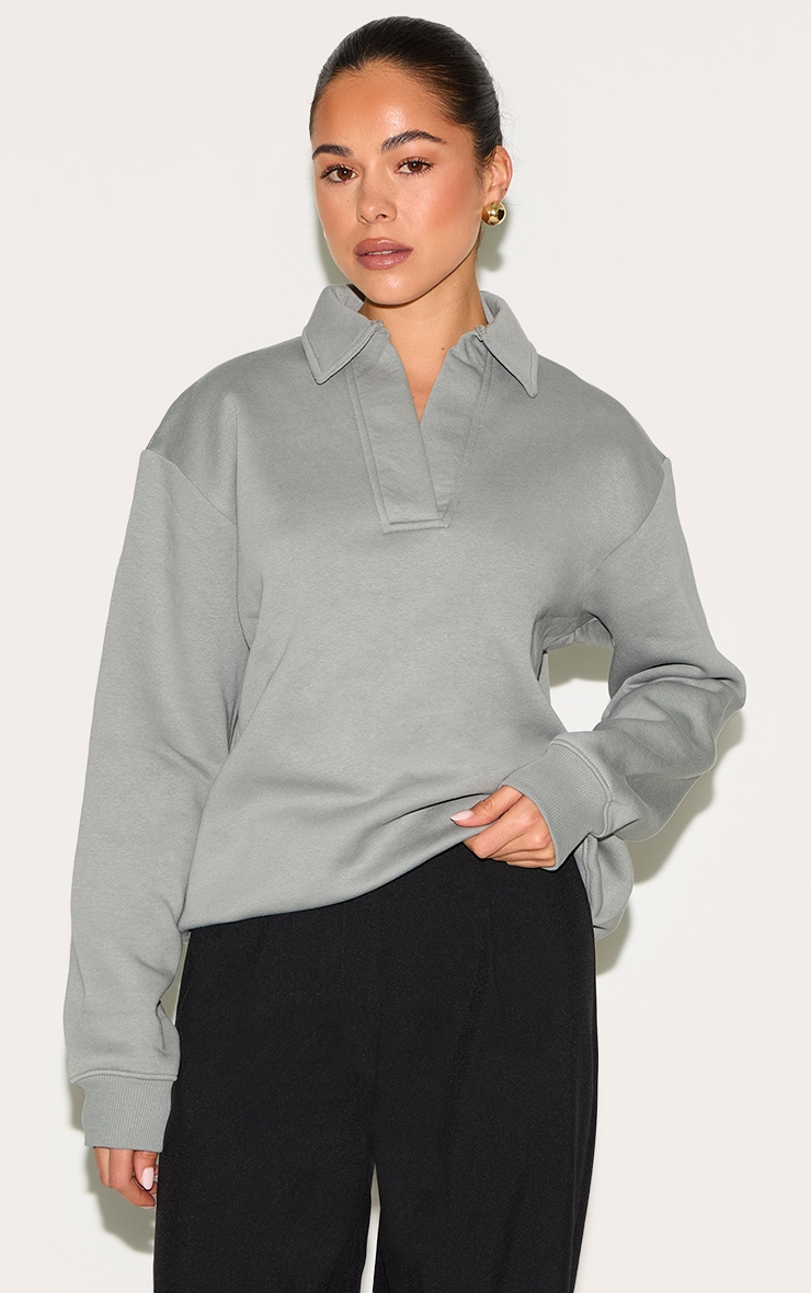 Light Grey Collar Detail Long Sleeve Sweatshirt image 1