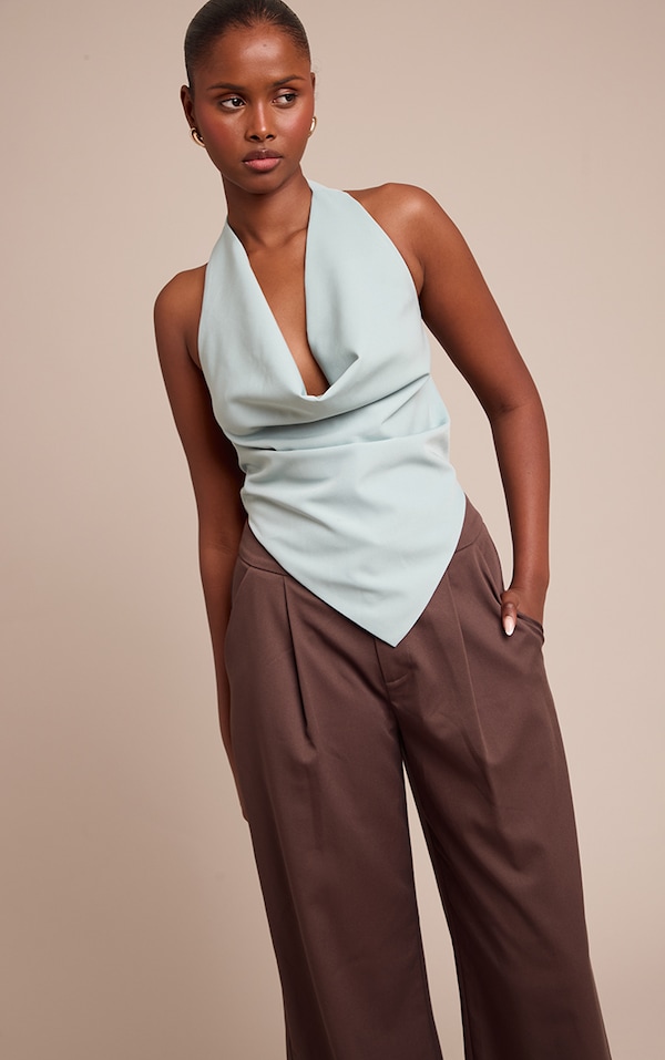 Seafoam Woven Halterneck Cowl Long Top