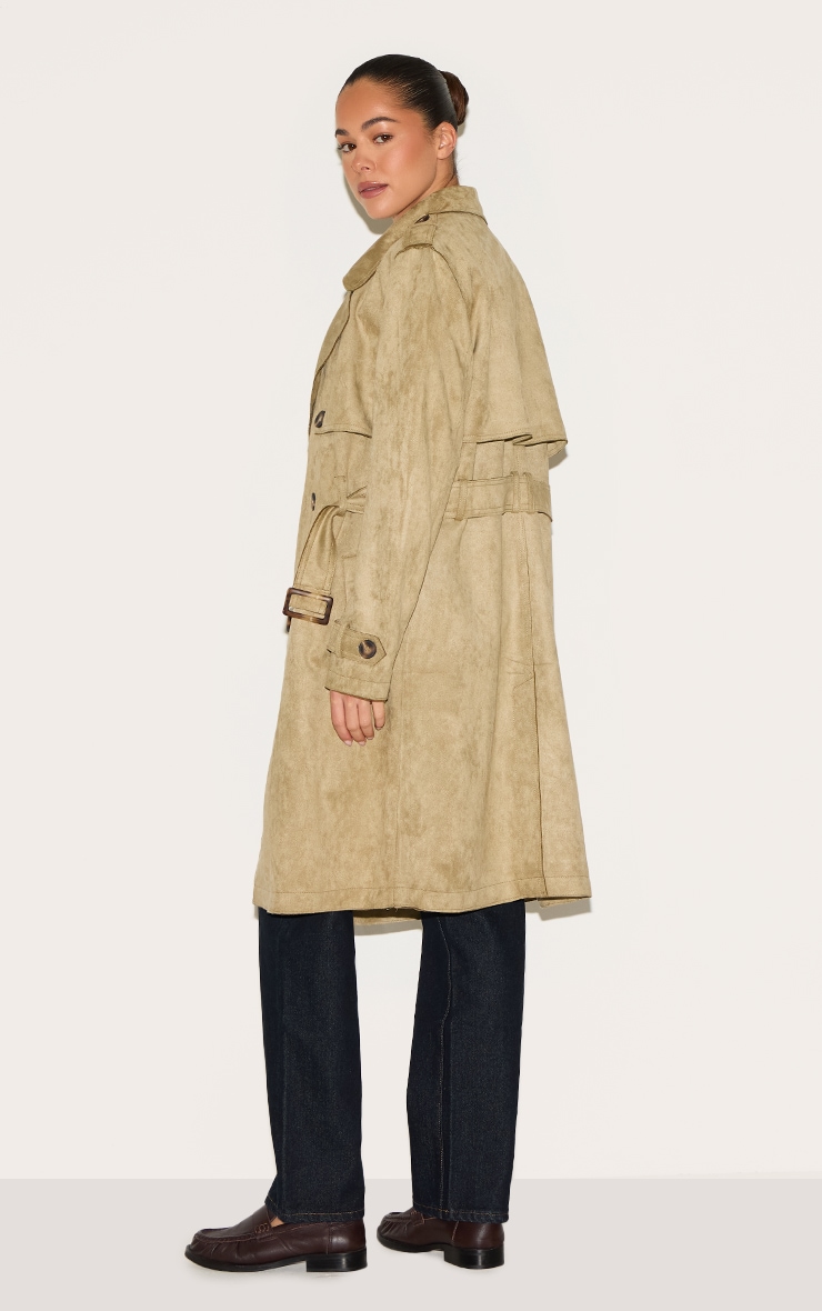 Khaki Mid Length Faux Suede Trench Coat image 2