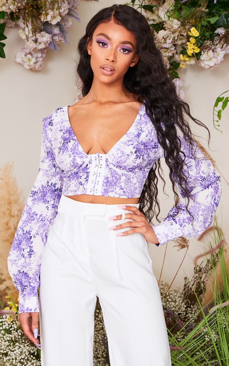 Lilac Porcelain Print Hook And Eye Plunge Long Sleeve Crop Top