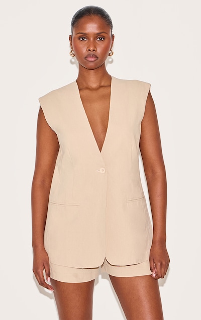 Sand Linen Look Longline Waistcoat