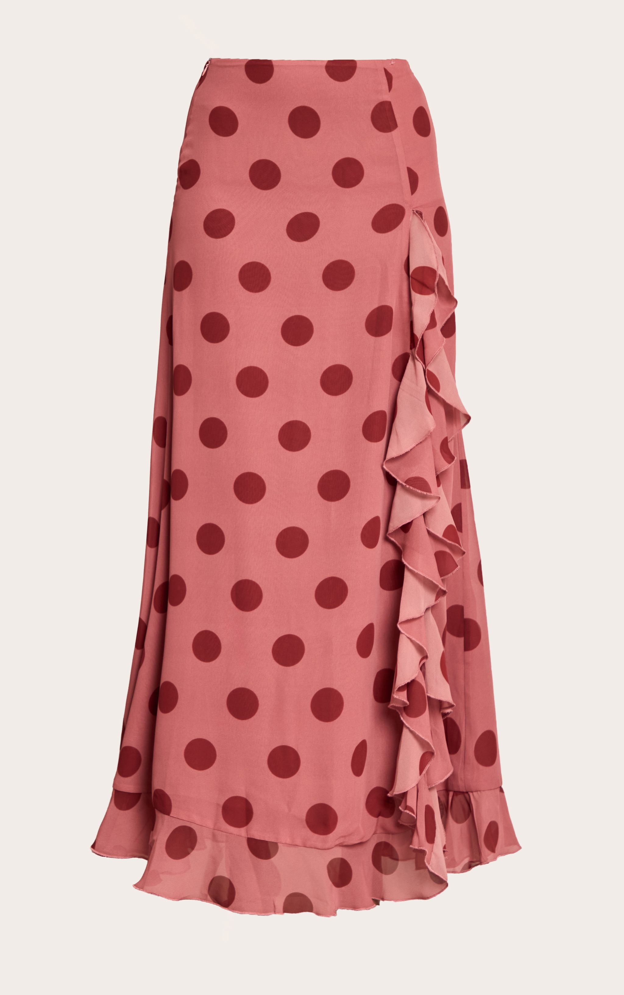 Light Pink Polka Dot Chiffon Ruched Drop Waist Maxi Skirt image 5