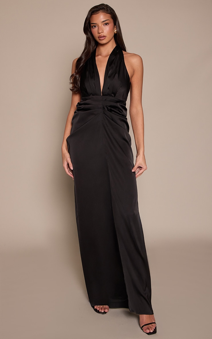Black Satin Ruched Detail Plunge Maxi Dress image 2