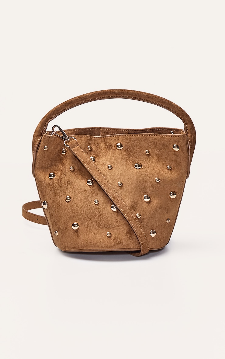 Tan Faux Suede Gold Stud Detail Cross Body Bag image 2