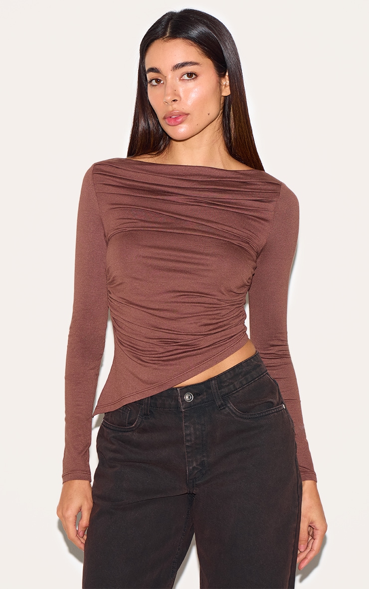 Mocha Ruched Detail Asymmetric Hem Long Sleeve Top image 1