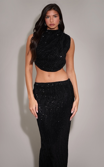 Black Sequin Tie Back High Neck Cowl Crop Top