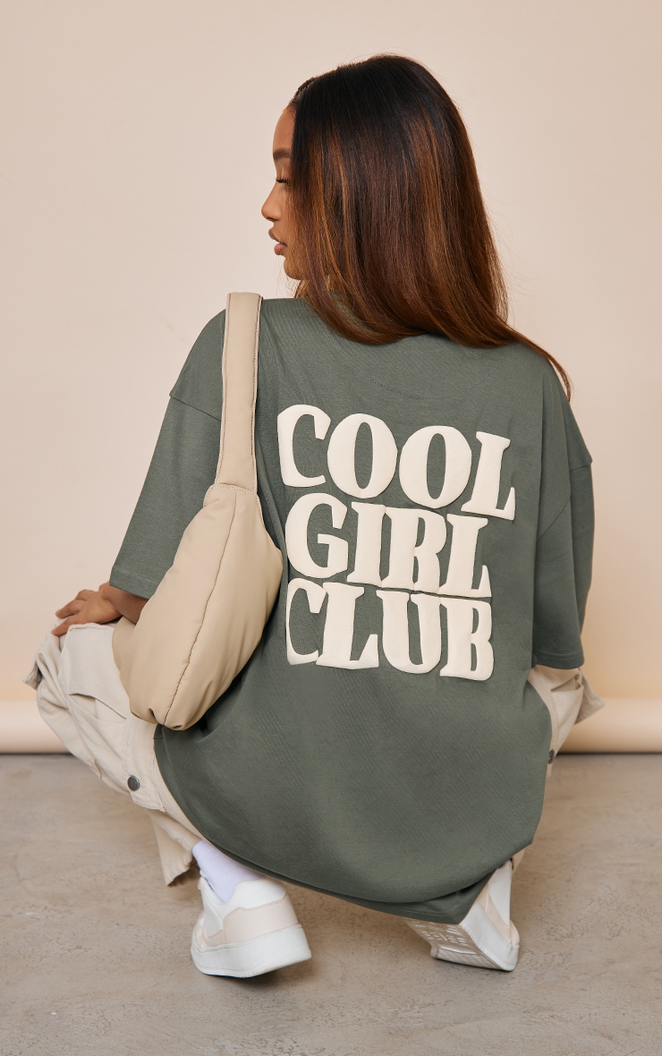 Khaki Cool Girl Club Puff Print T Shirt PrettyLittleThing KSA