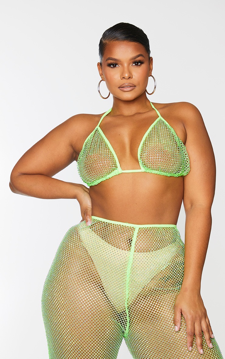 Plus Lime Diamante Fishnet Bralet
