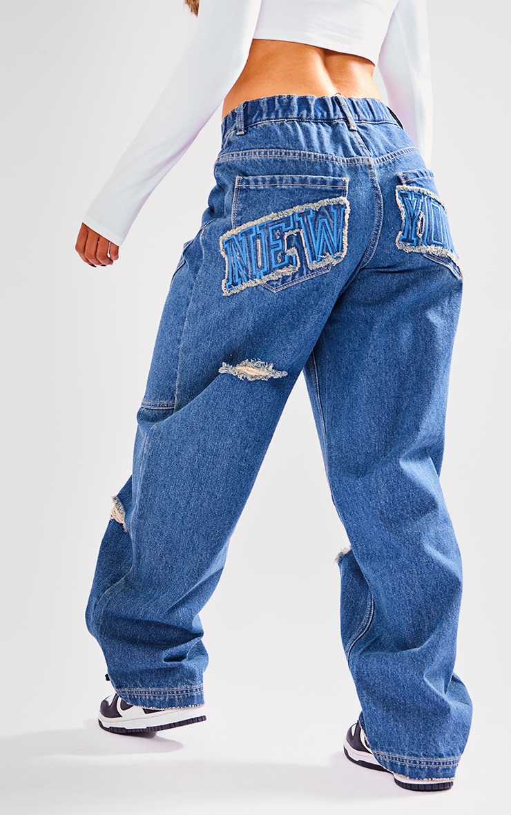 Petite Indigo Vintage Wash Denim Embroidered Detail Cargo Jean image 3