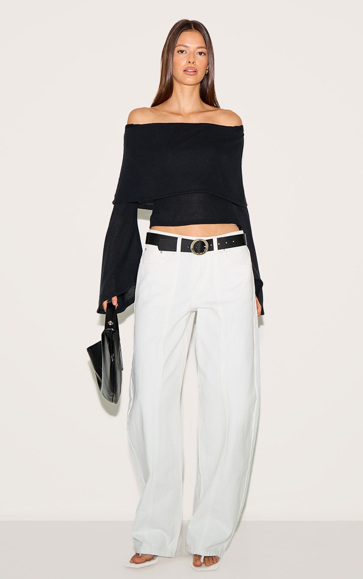 Black Textured Fold Over Bardot Extreme Flute Sleeve Long Top image 3