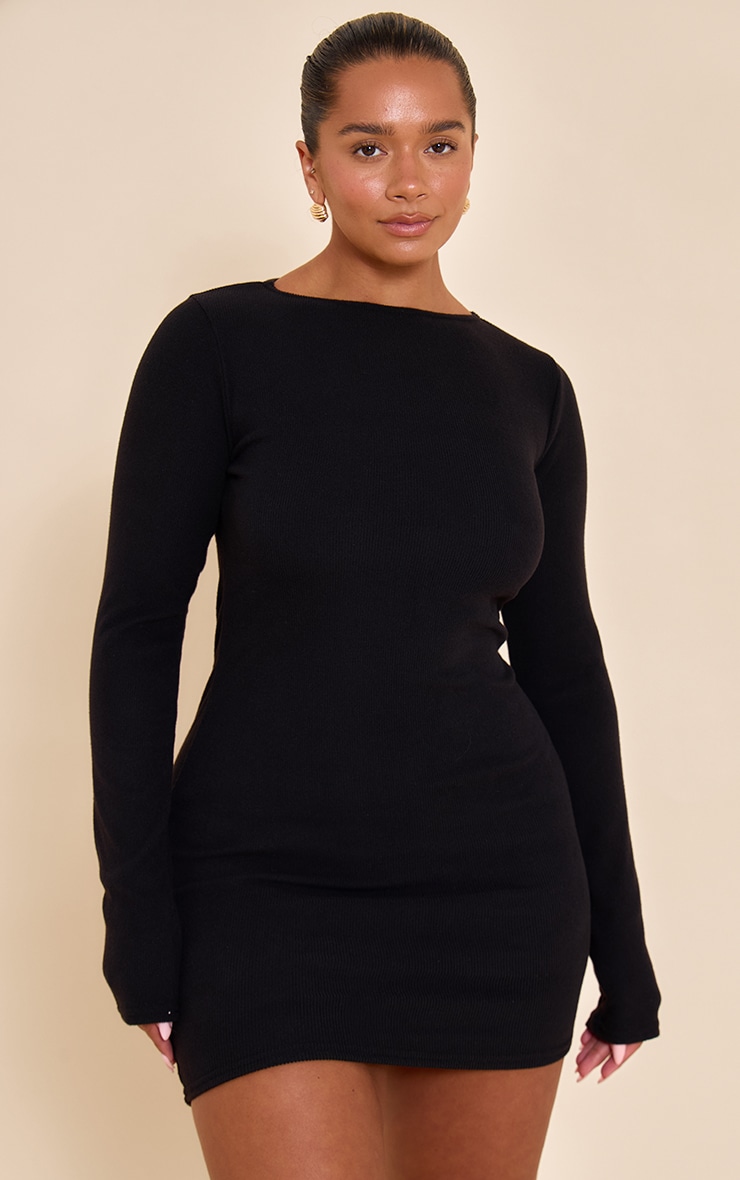 Shape Black Micro Rib Long Sleeve Boat Neck Mini Dress image 1
