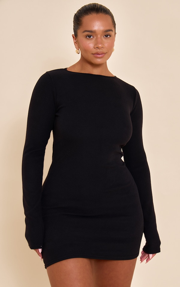 Shape Black Micro Rib Long Sleeve Boat Neck Mini Dress