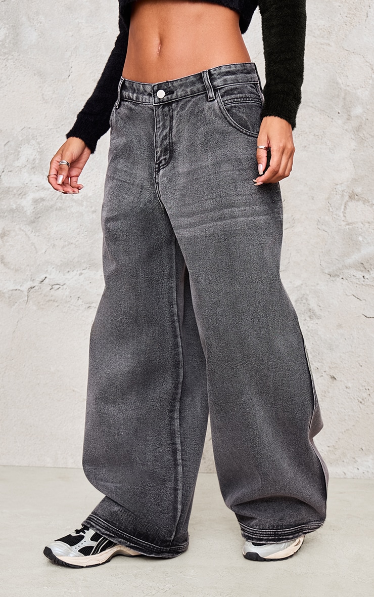 Charcoal Grey Acid Seam Detail Frayed Hem Wide Leg Jeans image 2