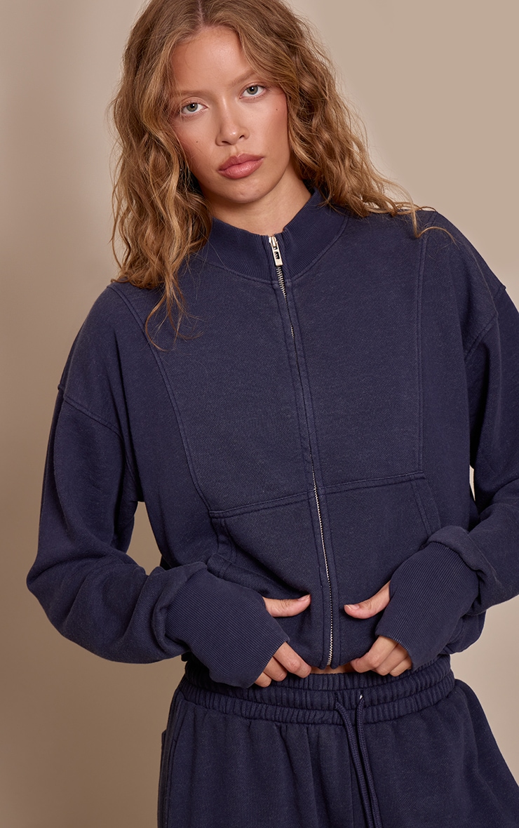 Navy Acid Wash Funnel Neck Zip Sweatshirt image 1