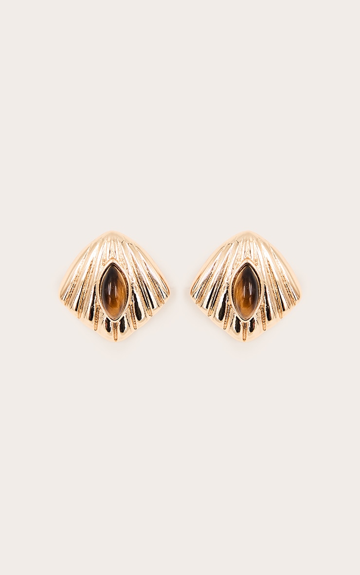 Boucles d'oreilles lisses dorées en forme de coquillage à pierre oeil de tigre image 2