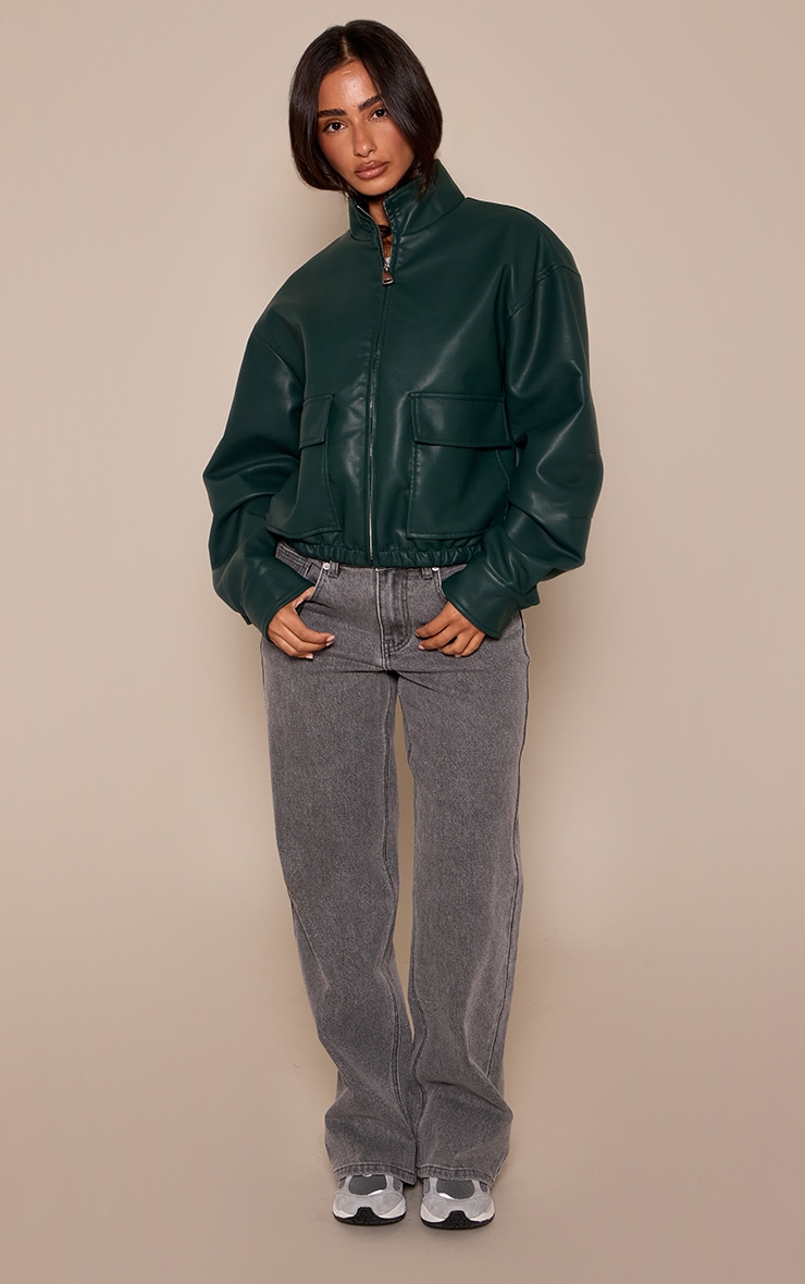 Petite Deep Green Faux Leather Bomber Jacket  image 3