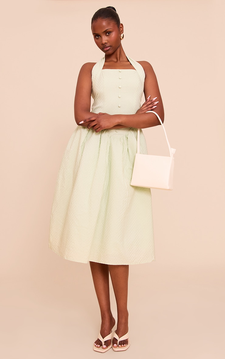 Robe mi-longue en coton brodé sauge à dos nu image 1