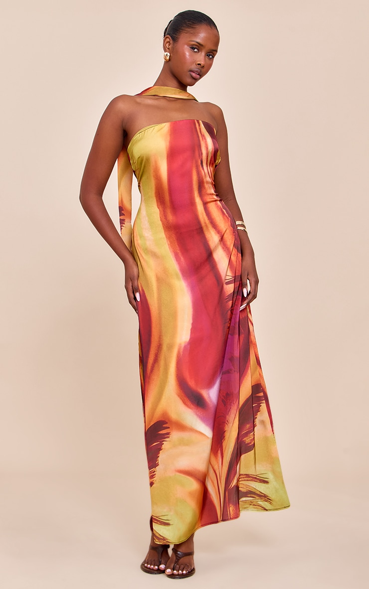 Pink Abstract Print Satin Bandeau Scarf Detail Maxi Dress image 3