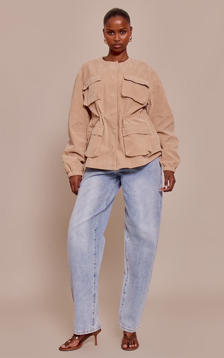 Sand Structured Faux Suede Pocket Detail Adjustable Waist Jacket image 3