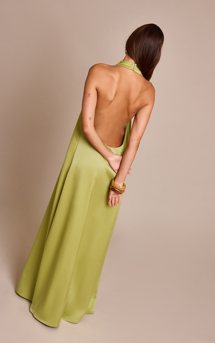 Chartreuse Satin High Neck Scoop Extreme Low Back Maxi Dress image 2