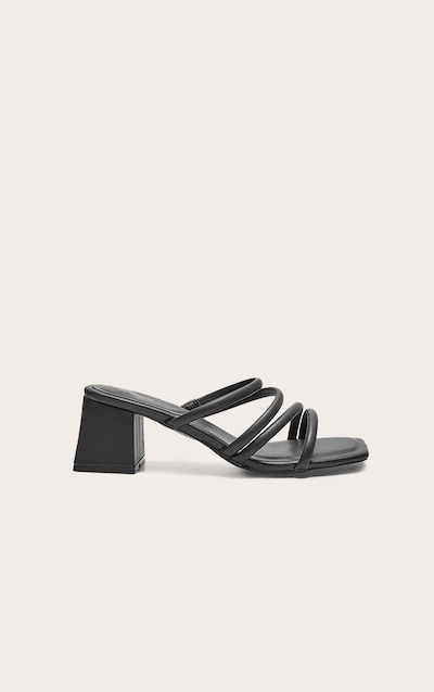 Black Wide Fit PU Square Toe Tube Strap Mid Block Heeled Sandals