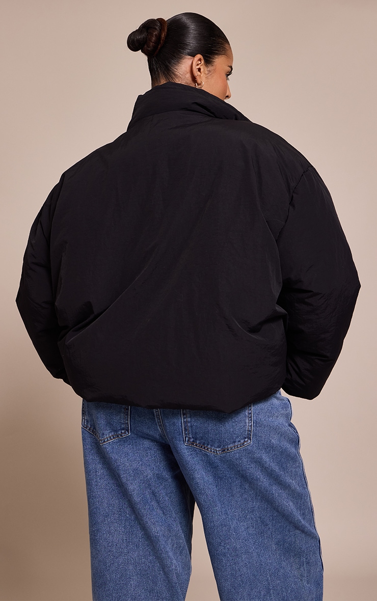 Plus Black High Neck Tie Waist Quilted Jacket image 2