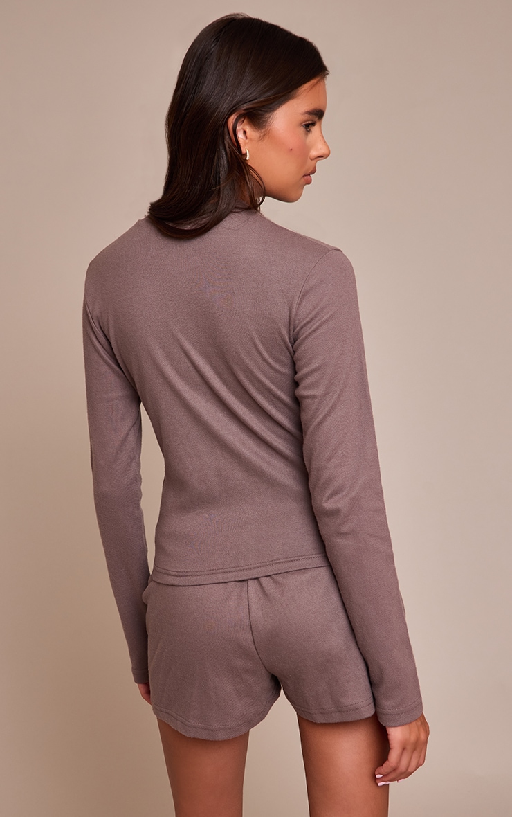 Deep Taupe Button Detail Soft Touch Shorts image 3